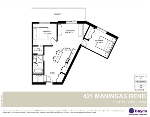 Floor plan for 2 beds, 1 bath, 741 sqft